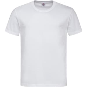 A plain white heavyweight comfort T-shirt with a crew neck and short sleeves. It features a logo tag on the neckline.