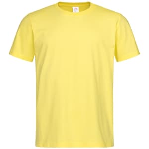 A yellow crew neck t-shirt with short sleeves, featuring a logo on the label.