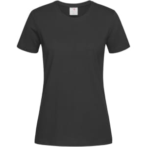 A women's heavyweight comfort T-shirt in black with a classic crew neck design and a logo on the label.
