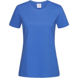 A blue women's heavyweight comfort-T crew neck t-shirt with a round neckline and short sleeves. It features a logo.