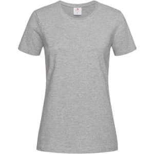 A grey women's heavyweight comfort T-shirt with a crew neck and short sleeves, featuring a branding label.