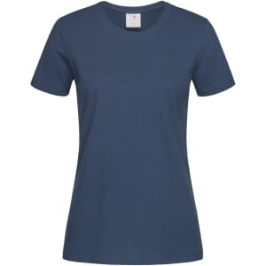 A women's heavyweight crew neck t-shirt in navy blue, featuring a label and a simple design.