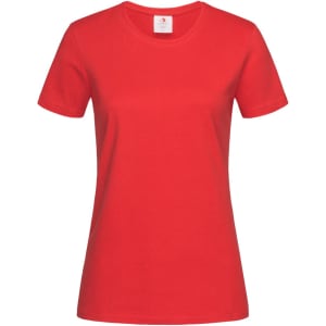 A red women's heavyweight comfort T-shirt with a crew neck and short sleeves, featuring a logo at the neckline.