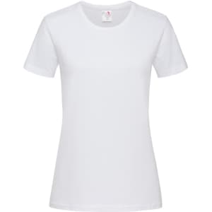 A white women's heavyweight comfort T-shirt with a crew neck and short sleeves. It features a logo on the label.