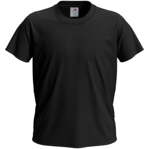 A black Junior Classic T shirt with short sleeves and a crew neck, featuring a logo on the label.