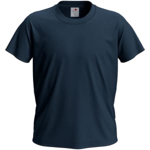 A navy blue t-shirt with a crew neckline and short sleeves, featuring a branding logo at the neckline.