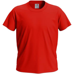 A red junior classic T-shirt with short sleeves, featuring a branding logo on the label.