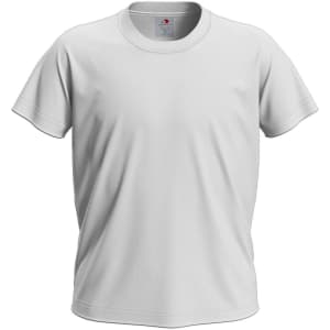 A plain white T-shirt with short sleeves and a round neck. It features a branding logo on the label.