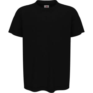 A black organic crew neck T-shirt with short sleeves, featuring a branding label.