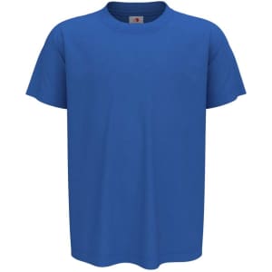 A blue organic crew neck t-shirt for kids, featuring short sleeves and a simple design. It includes a logo.