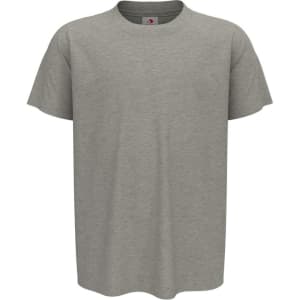 A grey organic crew neck T-shirt with short sleeves and a branding label on the neck.