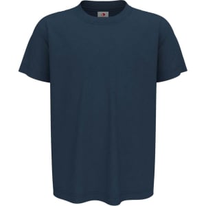 Organic crew neck t-shirt in navy blue, featuring short sleeves and a brand label on the inside.