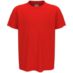A red classic crew neck t-shirt for kids, featuring short sleeves and a woven label inside the neckline.