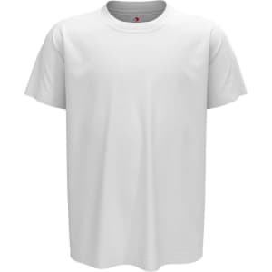 A white organic crew neck t-shirt for kids, featuring short sleeves and a simple design. It includes a logo.