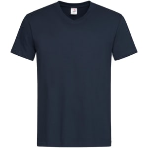 A navy blue men's classic V-neck T-shirt with short sleeves. The shirt features a label and has a simple design.