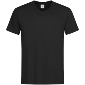 A black Men's Classic-T V-neck t-shirt featuring a short sleeve design. Includes a logo on the neckline.