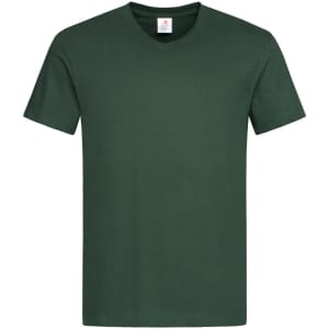 A green men's classic V-neck T-shirt with a plain design and a small logo on the label.