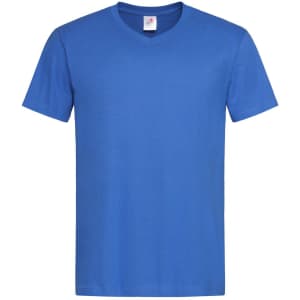 A blue men's classic V-neck T-shirt, featuring a simple design and a logo on the label.