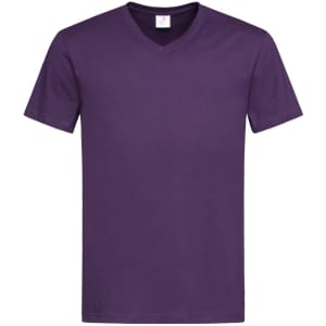 A purple men's classic V-neck T-shirt, featuring short sleeves and a simple design. It has a logo at the neck.
