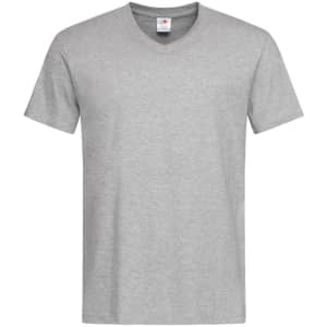A grey men's classic V-neck T-shirt featuring short sleeves and a simple design. It has a logo on the tag.