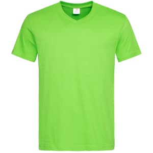 A men's classic V-neck T-shirt in bright green, featuring a logo on the label.