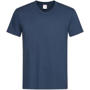 A navy blue men's classic V-neck T-shirt with short sleeves and a tag inside. It features a small logo on the label.