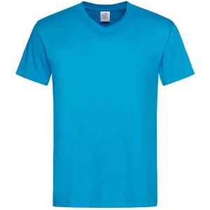 A blue men’s classic V-neck T-shirt with short sleeves and a label inside. It features a logo on the tag.
