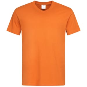 An orange V-neck T-shirt with short sleeves, featuring a label and a logo on the neckline.