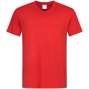 A red men's classic V-neck T-shirt featuring a logo on the tag.