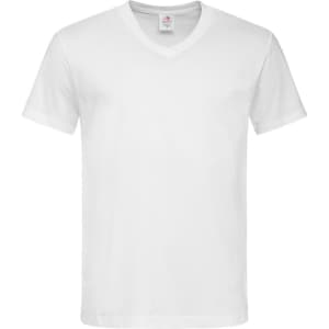 A white men's classic V-neck T-shirt featuring short sleeves and a brand logo.