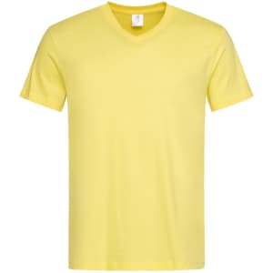 A yellow men's classic T-shirt with a V-neck and short sleeves, featuring a logo on the label.