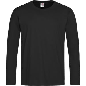 A black long sleeve T-shirt featuring a classic crew neck, with a label inside and no visible graphics.