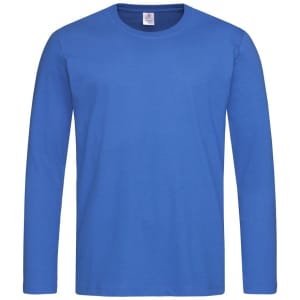 A blue long-sleeve T-shirt with a round neckline and a logo.