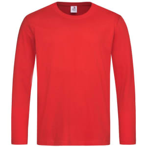 A red long sleeve T-shirt with a round neckline and a logo on the label.