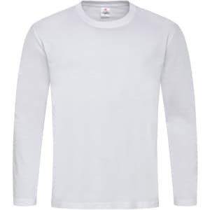 A white long sleeve t-shirt with a crew neck and a logo tag on the collar.
