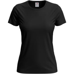 A black Women's Classic T-shirt featuring short sleeves and a round neckline, with a logo on the label.