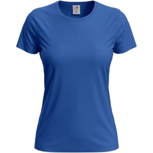 A women's classic T-shirt in a vibrant blue colour, featuring a round neck and short sleeves, with a logo.