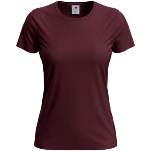 A maroon women's classic T-shirt with short sleeves and a round neckline, featuring a logo on the label.