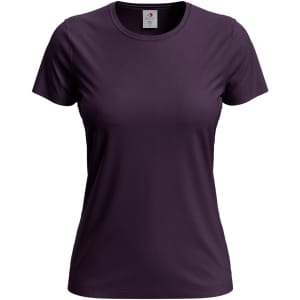 A women's classic t-shirt in dark purple, featuring a round neck and short sleeves, with a logo on the label.