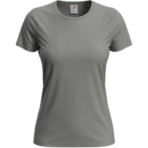 A women's classic T-shirt in a muted green colour, featuring a round neckline and short sleeves. It has a small logo.