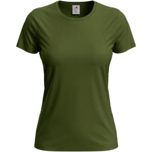 A women's classic T-shirt in olive green, featuring a round neckline and short sleeves. It has a logo on the label.