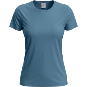 A women's classic T-shirt in a soft teal colour with a plain design and a logo on the label.