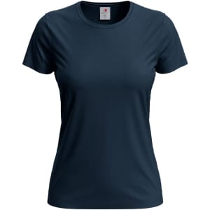A women's classic T-shirt in dark navy blue, featuring a round neckline and short sleeves with a logo.
