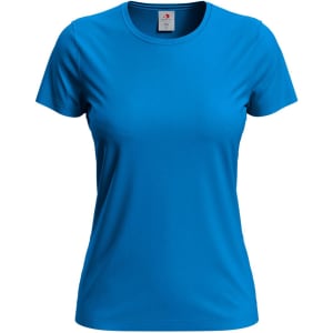 A blue women's classic T-shirt with a round neckline and short sleeves, featuring a logo.