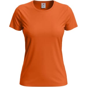 An orange women's classic T-shirt with a round neckline and short sleeves, featuring a logo on the label.