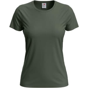 A green women's classic T-shirt with a round neckline and short sleeves, featuring a logo on the label.