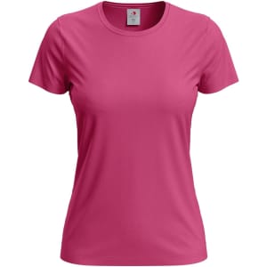 A pink women's classic T-shirt with a round neckline and short sleeves, featuring a logo.