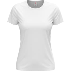A white women's classic t-shirt with short sleeves and a round neckline, featuring a logo.