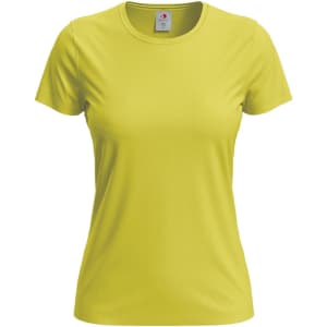 A women's classic t-shirt in bright yellow with a crew neckline and short sleeves. It features a logo on the label.