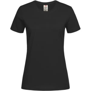 A black women's classic organic crew neck t-shirt with short sleeves and a label at the neckline.